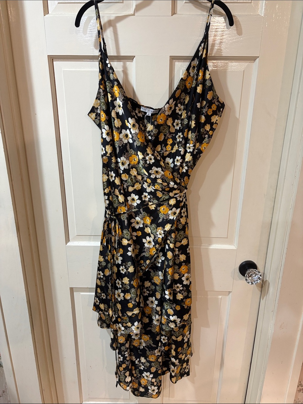 Baltic Born Black Floral High-Low Wrap Dress with Yellow and White Flowers